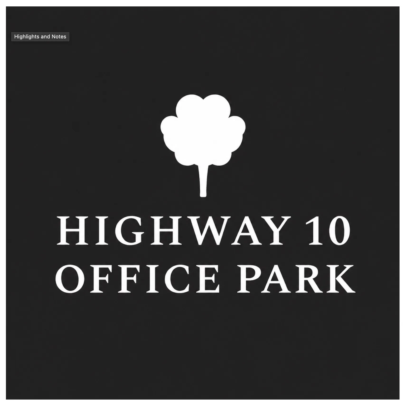 Highway 10 Office Park sign with a tree graphic above text